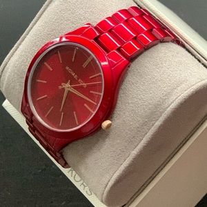 MK - Womens Slim Runway Three-Hand Red-Coated Stainless Steel Watch